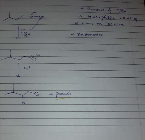 - Removal of OH - Nucleophillic attack by o atom on Bi atom. - Protonation.