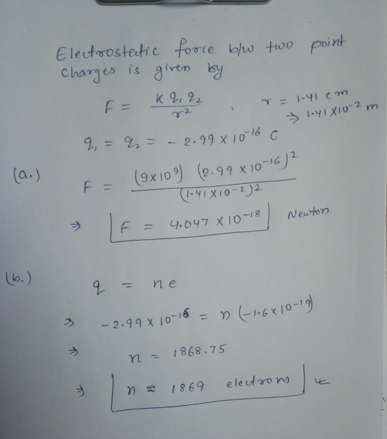 E lectaostetic forte w tuwo point charges is given k 92 F = (9x109) (2-99x10-16 n= 1868 , 75 18 69 electro