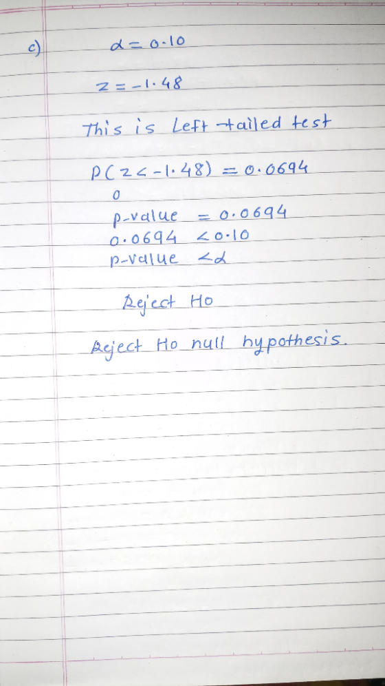 d= o.10 Z=-1.48 This is left tailed test PC25-1•48) = 0.0694 p-value = 0.0694 0.0694 Lo.10 p-value ad Reject Ho Reject Ho nul