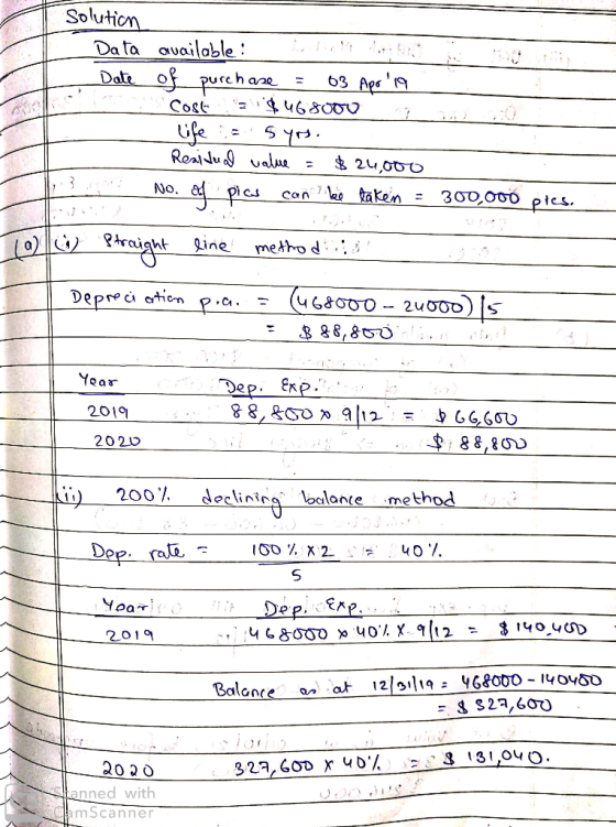 Solution Data available: sila Date of purch are = 03 Apr 19 Costa $468000 2 life is syrs. Residual value = $24,000 2 . No. o