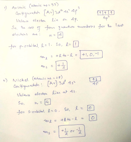 Arsenic aticn 33 Valence electr, lie on 4 elecbins ane: 2 Valente elechon Lie at 4s So, n- ws 2
