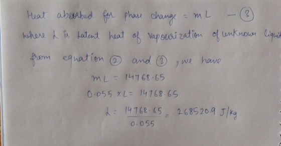 where & is latent heat of Vapourization of unknown liquid Heat aboooked for phase change = M L from equation ③ and (3) I we h