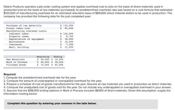 Gitano Products operates a job-order costing system and applies overhead cost to jobs on the basis of direct materials used i