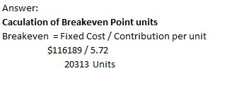 Answer: Caculation of Breakeven Point units Breakeven = Fixed Cost / Contribution per unit $116189/ 5.72 20313 Units