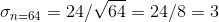 sigma_{n=64} = 24/sqrt{64} = 24/8 = 3