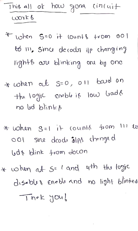 This all ok how gona circuit work & when s=0 it count & from ool to 11, since decoder ilp changing lights are blinking one by