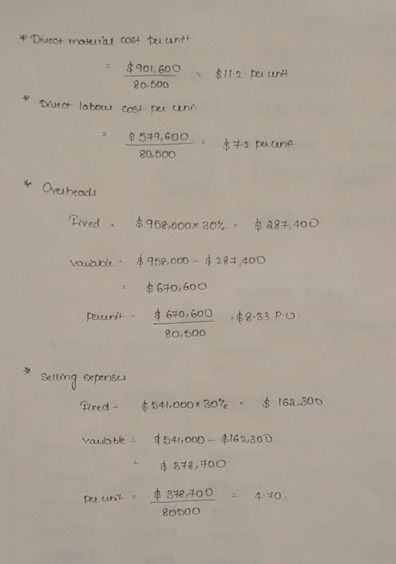 *Druect material cost per unit = $901,600 80.500 $112 per unit * Direct labour cost pee und $ 579,600 80,500 = $7.2 percena *