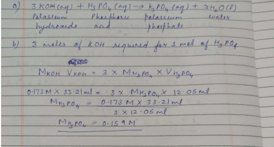 а) - b) 3 Кон (аа) + H3 PO, (og) — K, PO, (ол) + Зн,о (0) Potassium Phosphorie polassum hydrosudo acid phosphate 3 moles of K