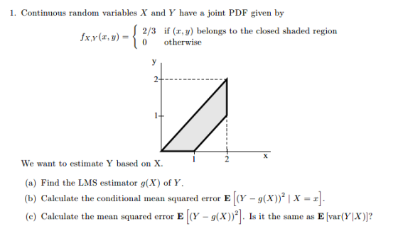 1. Continuous random variables X and Y have a joint PDF given by fxy(x, y) = 2/3 if (2, y) belongs to the closed shaded regio