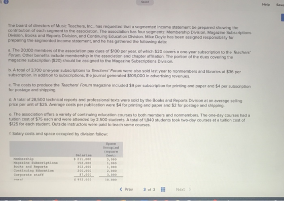 Help Save The board of directors of Music Teachers, Inc., has requested that a segmented income statement be prepared showing