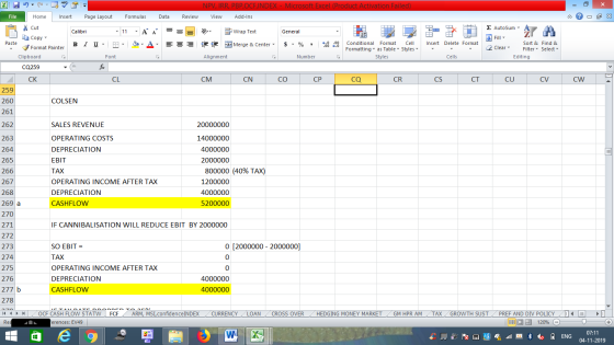 NPV, IRR, PBP,OCF, IN DEX - Microsoft Excel (Product Activation Failed) File Home Insert Page Layout Formulas Data Review Vie