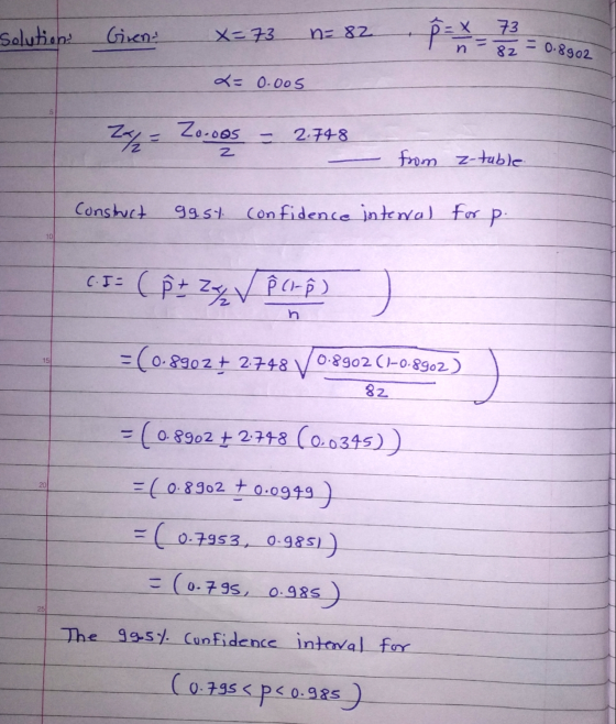 Solutions Girent x=73 n=82 5=X 73 82 8 = x - -0.8902 X= 0.005 Z/= Zoooos - 2.748 z from z-table Construct gast confidence int