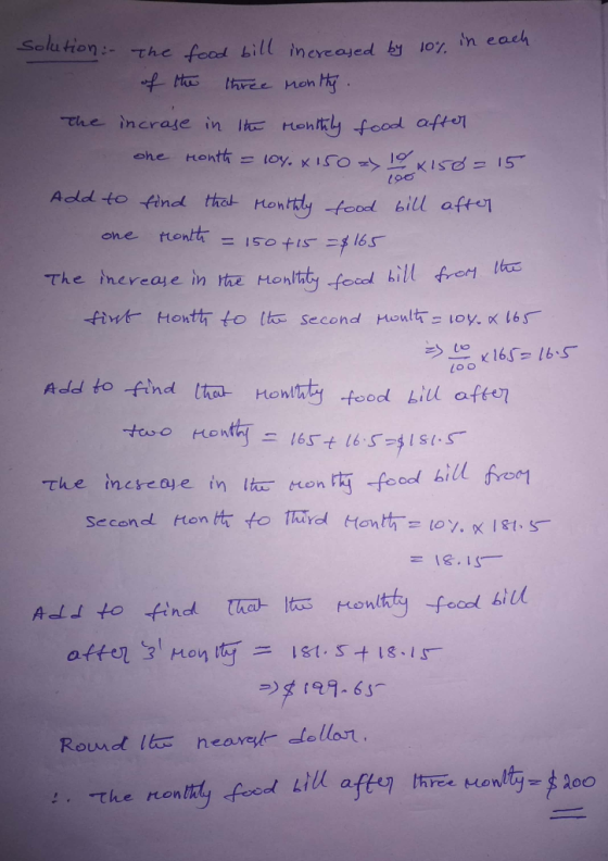 Soluron:-The foad bill increajed by1O, n each Ithree non t The incrase in ItHohitly food aft ohe Honth Loy. KISO KIS =15 too