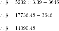 \\\therefore \hat{y} = 5232\times 3.39 - 3646\\\\ \therefore \hat{y} = 17736.48 - 3646\\\\ \therefore \hat{y} = 14090.48