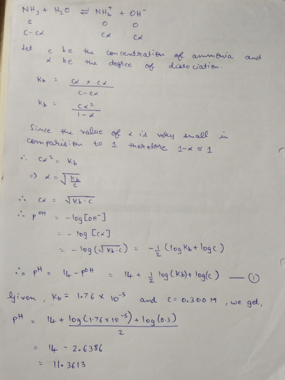 NH₃ + H₂O + NH4 + oH 0 C-ca ca ca Let c be & be the the concentration degree of of ammonia dissociation. and Kb = x x ca C-CR