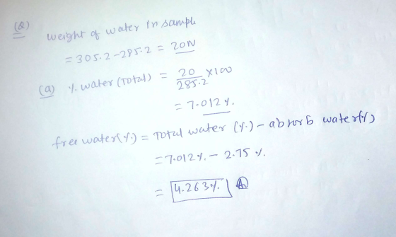 Total water (f.)- absorb wateoff) 1Q weight of water in sample =305.2-285.2 = ZON 20 xlo 285.2 ca y water (total) =710124. el