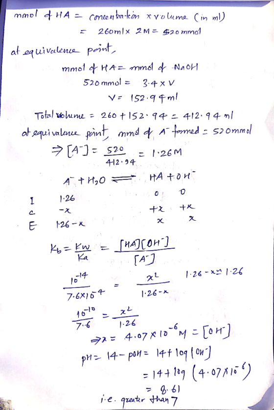 mmol of HA = concenbateèn xvolume Cin ml) = 260mix 2M = $20 mmol at equivalence point, mmol of HA= mmol of Naoh 520 mmol = 3.
