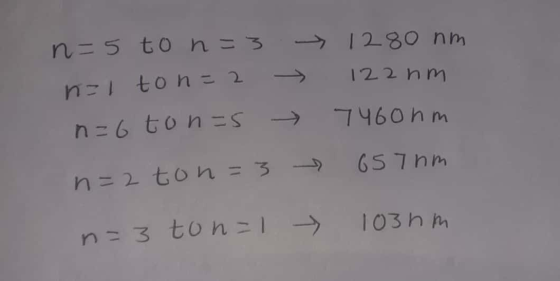 n=5 to n=3 n=1 ton=2 → n=6 tons → n=2 ton=3 1280 nm 122 nm 746ohm 657 nm n=3 ton=1 » 103hm
