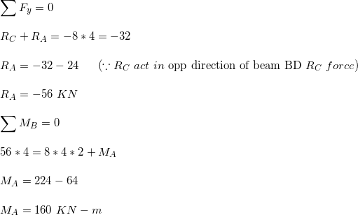 \small \\\\\sum F_y=0 \\\\R_C+R_A=-8*4=-32 \\\\R_A=-32-24\ \ \ \ \ (\because R_C \ act \ in \ \text{opp direction of beam BD } {R_C \ force}) \\\\R_A=-56 \ KN \\\\\sum M_B=0 \\\\56*4=8*4*2+M_A \\\\M_A=224-64 \\\\M_A=160 \ KN-m