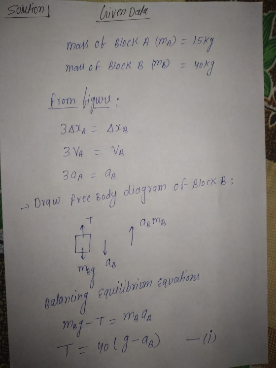 solution I Griven Data Mall of Block A (ma) = 1569 mans of Block B (MB) = 40kg from figure; BAXA - AXB 3 VA = VB 39A = AB – D