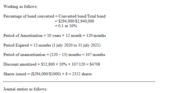 Working as follows: Percentage of bond converted = Converted bond/Total bond = $294.000/$2.940.000 = 0.1 or 10% Period of Amo