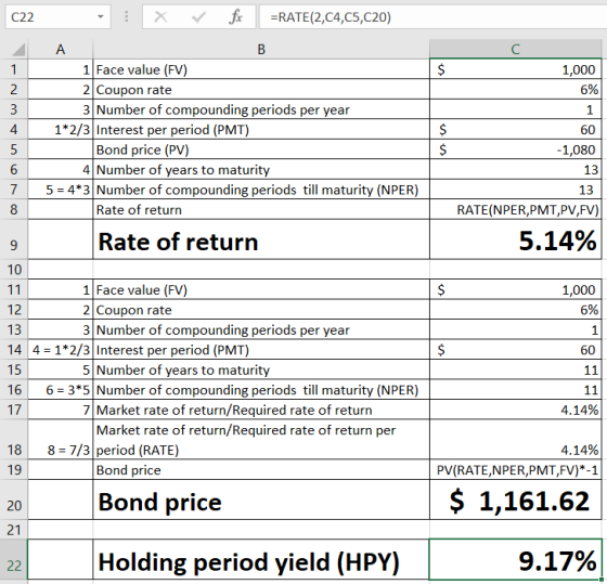 C22 X fx =RATE(2,C4,C5,C20) C 1 $ 1,000 6% 1 N 3 60 $ $ 6 -1,080 13 13 RATE(NPER,PMT,PV,FV) 8 9 5.14% A B 1 Face value (FV) 2