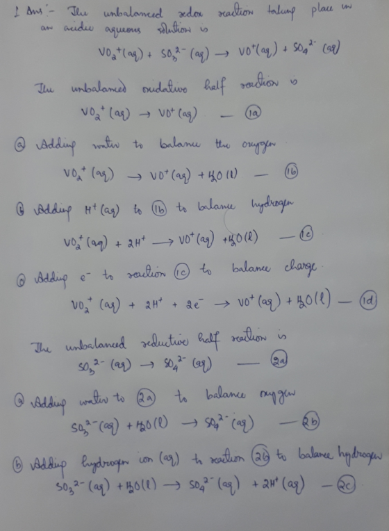 I Ans - The unbalanced sedox reaction talung place in an acidie aqueous solution is Voat(aq) + 502 - (aq) → vot(aq) + 60.2 ca