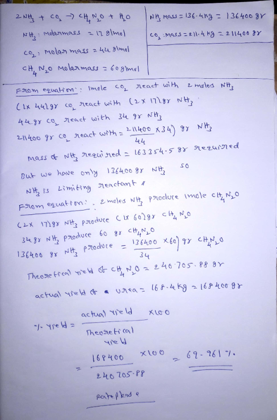 Hy mass = 136.4kg = 136400 gr 2 Nitz + co - CHNO + HO NH: Molasmass = 12 glmol co Mass=211.4kg = 211400 gr co: Molar mass 244