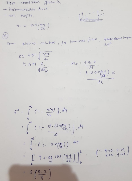 Here condition given is, incompressible fluid vel. Profile 4 u sin(TY) 100 - for caminar flow, Bordndary layer from Blasius s