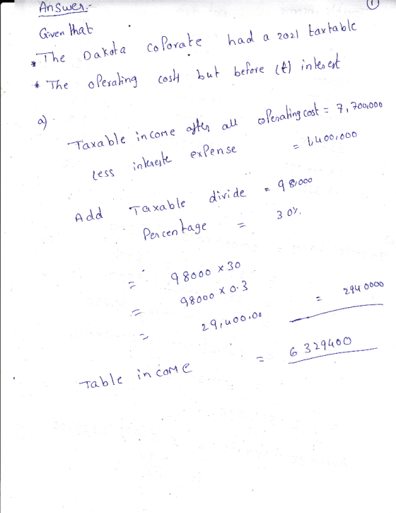 Answer. Given that The Dakota * The operating colorate had a 2021 taxtable cost but before (t) interest olerating cost = 7,70