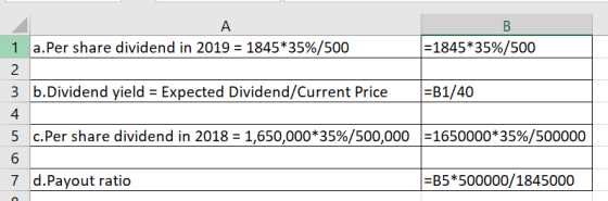 =1845*35%/500 a.Per share dividend in 2019 = 1845*35%/500 2 3 b.Dividend yield = Expected Dividend/Current Price =B1/40 %3D 5
