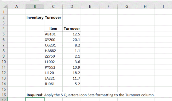 A B C D E F G H 1 1 2 Inventory Turnover 3 5 4 5 6 7 8 9 10 11 12 13 14 15 16 Item AB101 XY200 CG231 HA882 ZZ750 LLOO2 PY552