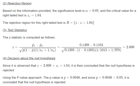 (2) Rejection Region Based on the information provided, the significance level is a = 0.05, and the critical value for a righ