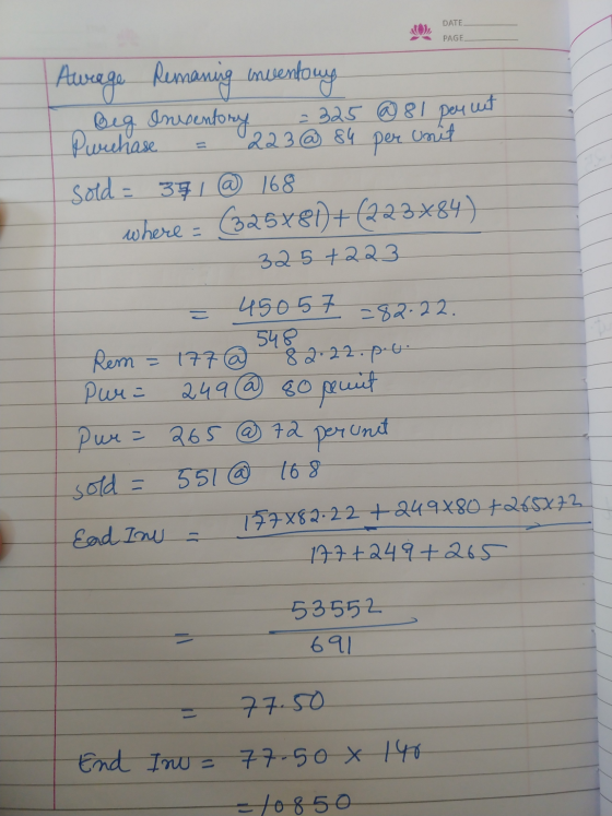 DATE PAGE Aurage Remaning inventory Beg Inventory = 325 @ 81 per uit Purchase 223 @ 84 per unit sold = 371 @ 168 where = (325