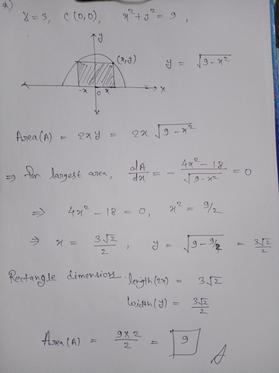 8=3, Coo), 22+y? 2 (x,y) 9 11 9-4² Area (A) 204 11 2x Jg -22 402_18 fon largest area, dA Ta g-42 2 471-18 = 0, 21 % 32 N y g.