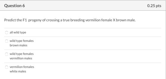 Question 6 0.25 pts Predict the F1 progeny of crossing a true breeding vermilion female X brown male. all wild type o wild ty