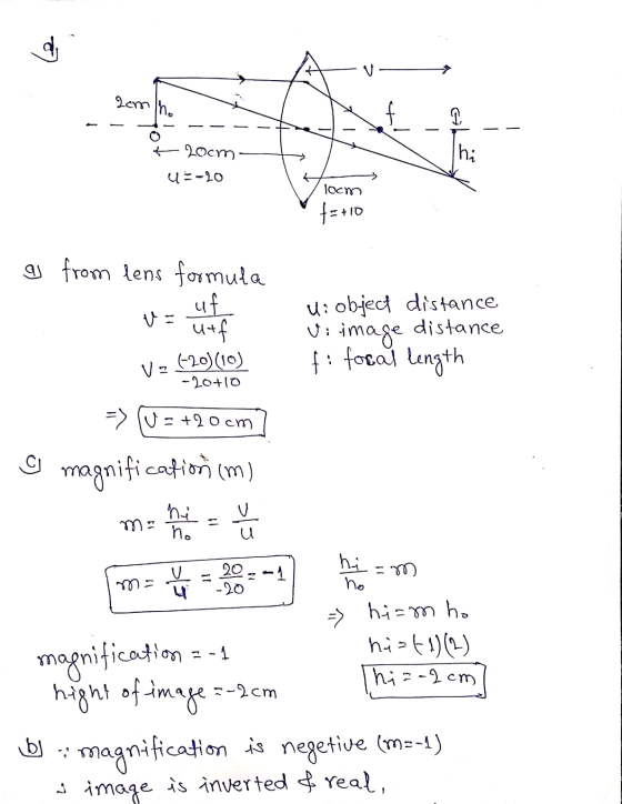 V com ho 2 -- hi 20cm u=-20 Tocm +=+10 g from lens formula uf utf VO Ui object distance Viimage distance fi focal length Vz (