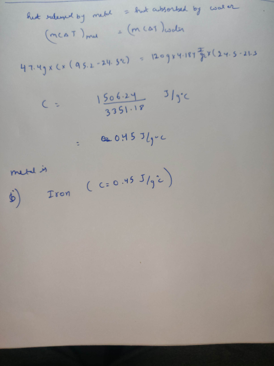 het releyed by metel - but absorbed by water (MCAT) mu - (m CAT) walin 47.49 x (x (95.2-24.5c) = 1209 x 4.184 gex (24.5-21.3