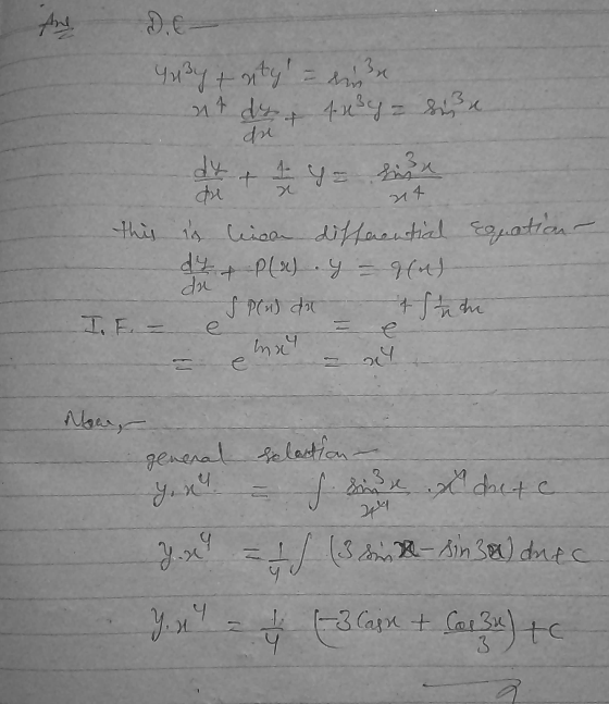 Yu3y + sty = eine ant ds 44²y = siu. dut 14 dx + 4y= bian this is linser differential Equation de & Play = 4a a spus da ist