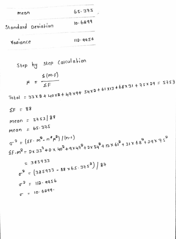 meon Stondard Deviation o. 6a49 Yatiane 110 qaS6 Step by step Caicul alion s (m F) SF τ88 mean sa s3 8 mean 6s. 375 38S933 (3