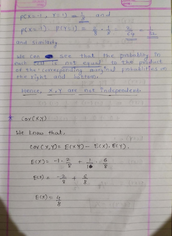 DATE p(x= -1 , Y = 1) - and p(x=-1). Pry=1) = 3 . b - 2 3 and similarty ke can see that the probablity in each cell is not eq