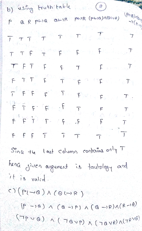 b) using truth table. P Q R p«Q QAR por (pwa)A(OGP) - - - - т т чт суге т - - ни и ца - т тт т т т т от тут F E F TFT F т г F