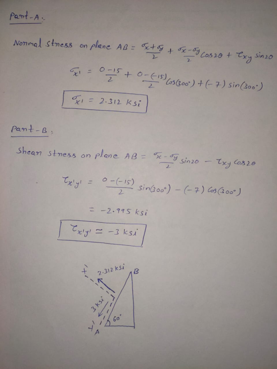 part-A. Normal stress on planc AB = x toy + ox-by Cosso + Exy sinzo 2 2 0-15 to-(15) 2 Cos (300) + (-7) sin (300) 2 Icl = 2.3