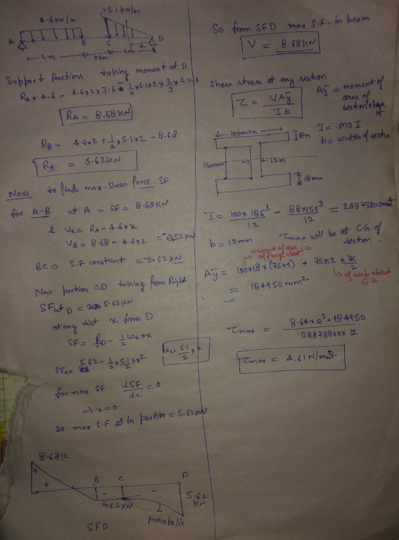 S. 1 kalm 4 16 kN/m So from SFD man sut in beam Tv= 8.68 kW 2 shear stress at any section k am * 2mh a Support Reactions. tak