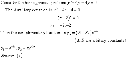 Consider the homogeneous problem y+4y+4y = 0 The Auxiliary equation is p2 +4r +4 = 0 (r+2) = 0 r=-2,-2 Then the complimenta