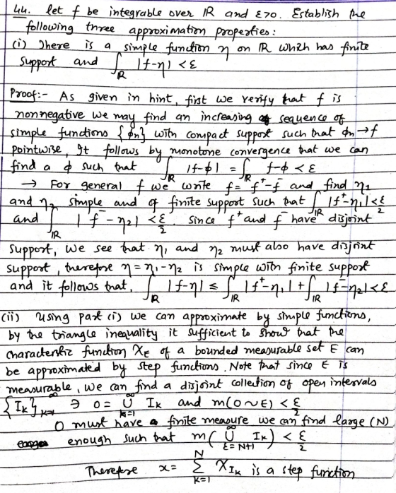 144. fet be integrable over IR and €70. Establish me following three approximation propeaties: Lo There is a simple function