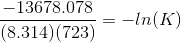 \frac{-13678.078}{(8.314)(723)}= -ln(K)