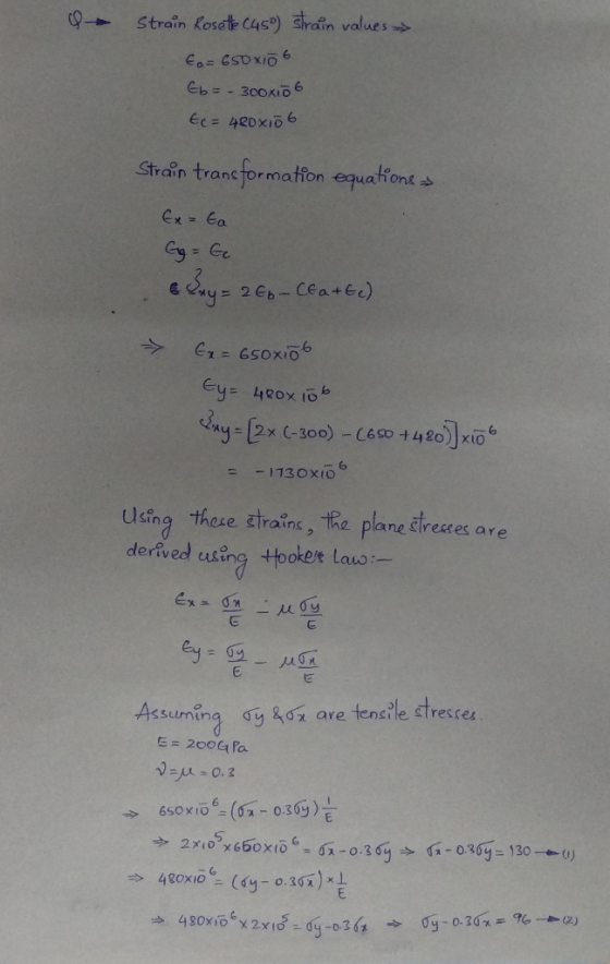 & Strain Rosette (450) strain values Ea=650x106 Eb=-300x106 Ec= 420x106 Strain transformation equatione-> Ex= Ea Gg-Ge Eb-Cha