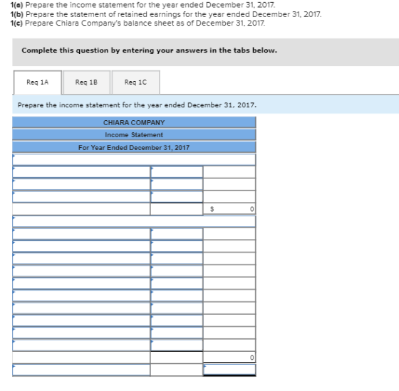 1(a) Prepare the income statement for the year ended December 31, 2017 1(b) Prepare the statement of retained earnings for th