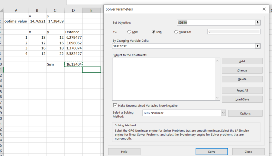 D E Solver Parameters A B C х у e optimal value 14.76921 17.38459 Set Objective: $D$10 y To: O Max Min O value of: 18 12 16 D